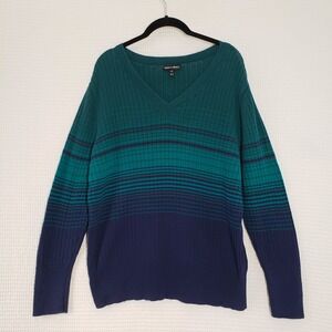 Vintage Fashion Bug Sweater Womens 1X Green Teal Blue Striped Ribbed V-Neck Y2K
